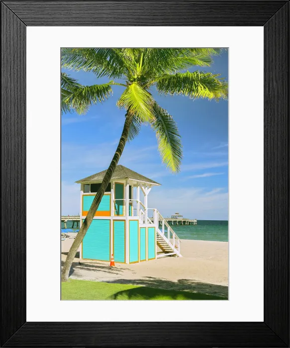 Framed Print : Florida, South Florida, Deerfield Beach with pier and lifeguard station Framed Print : Florida, South Florida, Deerfield Beach with pier and lifeguard station