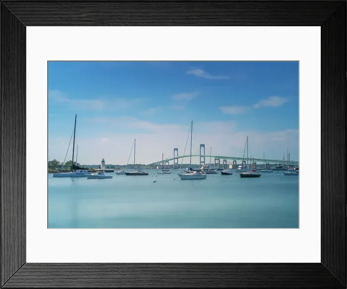 Framed Print : Rhode Island, Newport, Claiborne Pell Newport Bridge with Newport Harbor Light in background Framed Print : Rhode Island, Newport, Claiborne Pell Newport Bridge with Newport Harbor Light in background