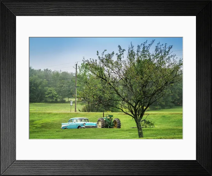 Framed Print : Americana scene, sky blue Chevrolet car next to a John Deer tractor Framed Print : Americana scene, sky blue Chevrolet car next to a John Deer tractor