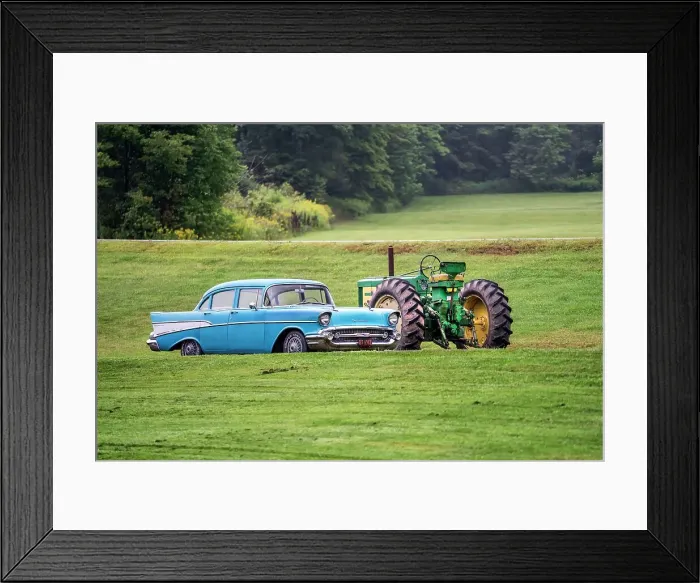 Framed Print : Americana scene, sky blue Chevrolet car next to a John Deer tractor Framed Print : Americana scene, sky blue Chevrolet car next to a John Deer tractor