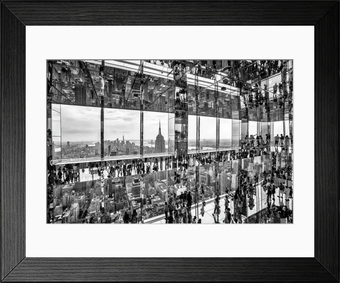 Framed Print : USA, New York City, Manhattan, black and white mirrored view inside Summit Building, people walking on glass floor, Empire State Building and downtown Manhattan in the background Framed Print : USA, New York City, Manhattan, black and white mirrored view inside Summit Building, people walking on glass floor, Empire State Building and downtown Manhattan in the background
