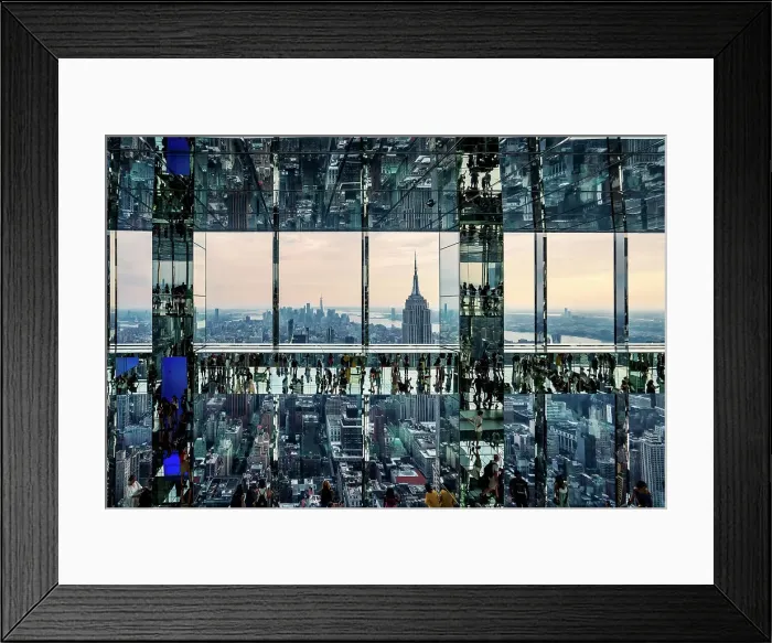 Framed Print : USA, New York City, Manhattan, mirrored view of people walking on glass floor in Summit building, Empire State and lower Manhattan in the background Framed Print : USA, New York City, Manhattan, mirrored view of people walking on glass floor in Summit building, Empire State and lower Manhattan in the background