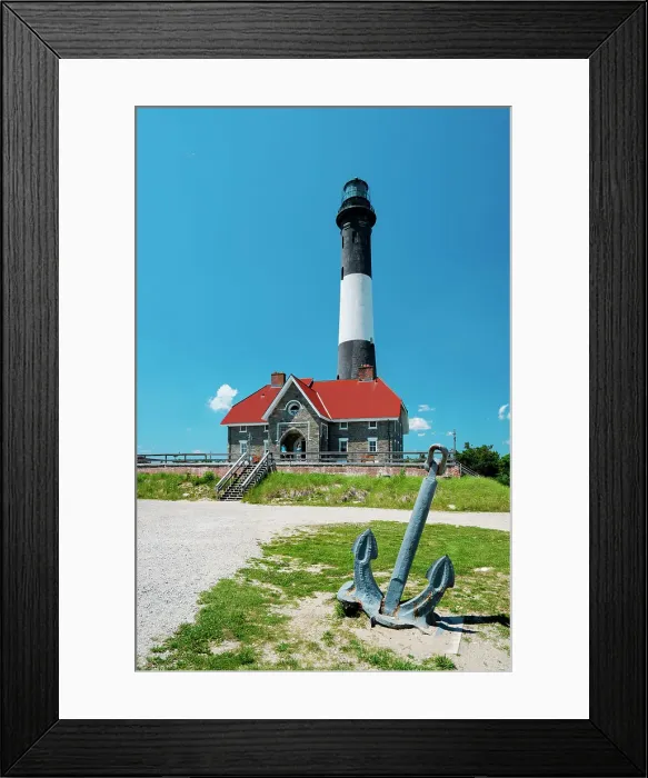 Framed Print : USA, New York, Long Island, anchor in front of Fire Island Lighthouse and blue sky Framed Print : USA, New York, Long Island, anchor in front of Fire Island Lighthouse and blue sky