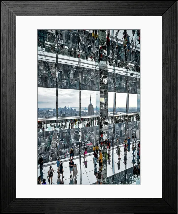 Framed Print : USA, New York City, Manhattan, Summit Building, mirrored view of people walking on glass floor, Empire State Building and Manhattan in the background Framed Print : USA, New York City, Manhattan, Summit Building, mirrored view of people walking on glass floor, Empire State Building and Manhattan in the background