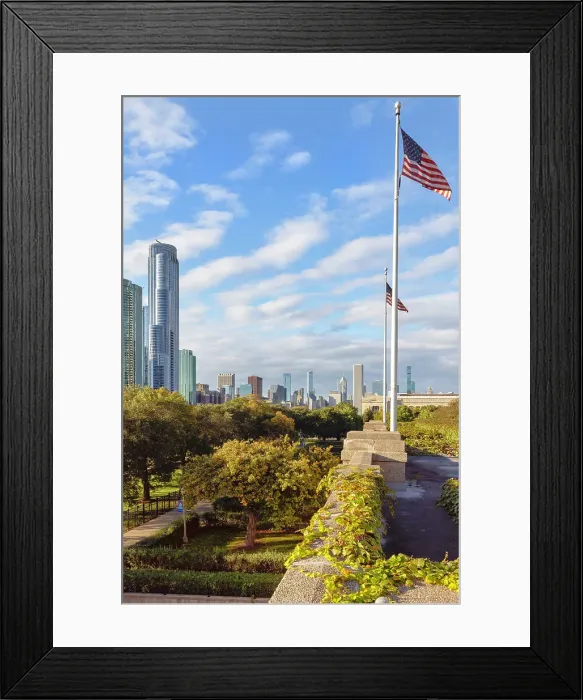Framed Print : Illinois, Chicago, Skyline and USA Flags Framed Print : Illinois, Chicago, Skyline and USA Flags