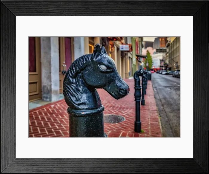 Framed Print : USA, Louisiana, New Orleans, street scene with horsehead hitching post Framed Print : USA, Louisiana, New Orleans, street scene with horsehead hitching post
