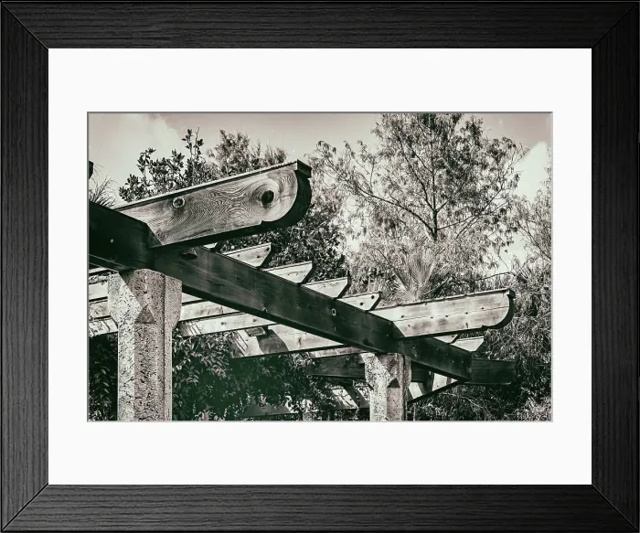Framed Print : Detail of wooden beams on pergola Framed Print : Detail of wooden beams on pergola