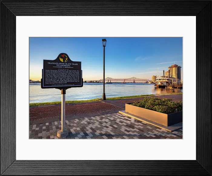 Framed Print : USA, Louisiana, New Orleans, waterfront with Historic Marker for Transatlantic Slave Trade