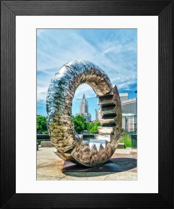 Framed Print : USA, Providence, Rhode Island, New England, Superman building in the middle of Textured Gear sculpture