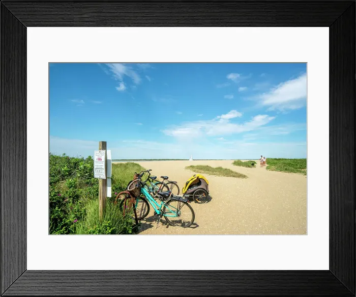 Framed Print : USA, Nantucket, Massachusetts, Brant Point Beach, bicycles parked on the entrance to the beach, couple with dog Framed Print : USA, Nantucket, Massachusetts, Brant Point Beach, bicycles parked on the entrance to the beach, couple with dog