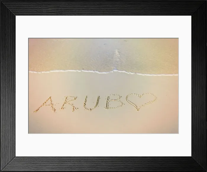 Framed Print : Aruba, Aruba written on sand at Juanita Beach Framed Print : Aruba, Aruba written on sand at Juanita Beach