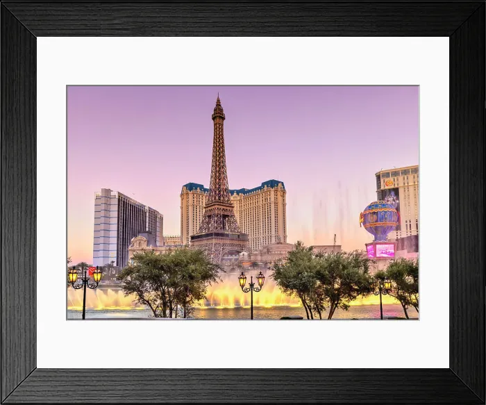 Framed Print : Nevada, Las Vegas, hotels with street lamps and water fountain Framed Print : Nevada, Las Vegas, hotels with street lamps and water fountain