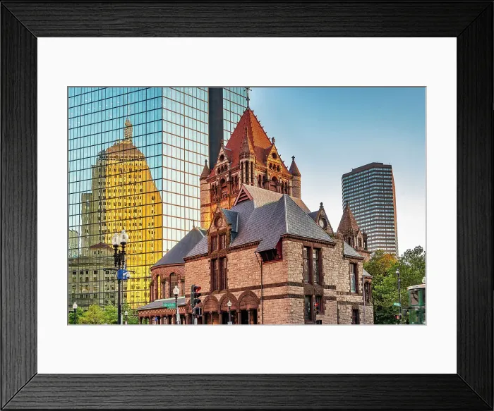 Framed Print : Massachusetts, Boston, Trinity Church and Berkeley Building reelecting on modern building on Boylston Street and Clarendon Street Framed Print : Massachusetts, Boston, Trinity Church and Berkeley Building reelecting on modern building on Boylston Street and Clarendon Street