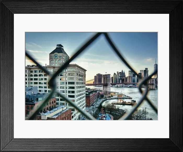 Framed Print : New York City, Brooklyn, View of Dumbo with Clocktower Building and Brooklyn Bridge Framed Print : New York City, Brooklyn, View of Dumbo with Clocktower Building and Brooklyn Bridge