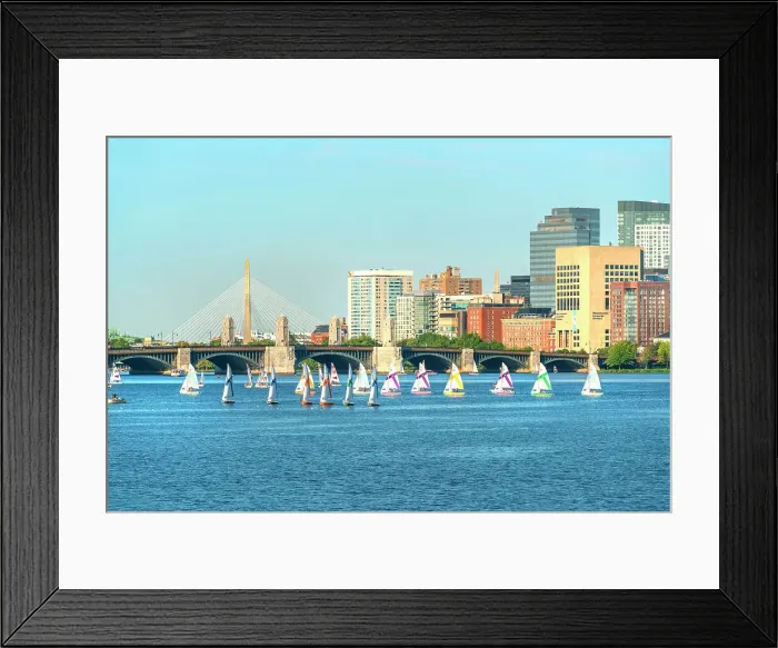 Framed Print : Massachusetts, Boston, sailboat on the Charles River, Leonard P. Zakim Bunker Hill Memorial Bridge in the background