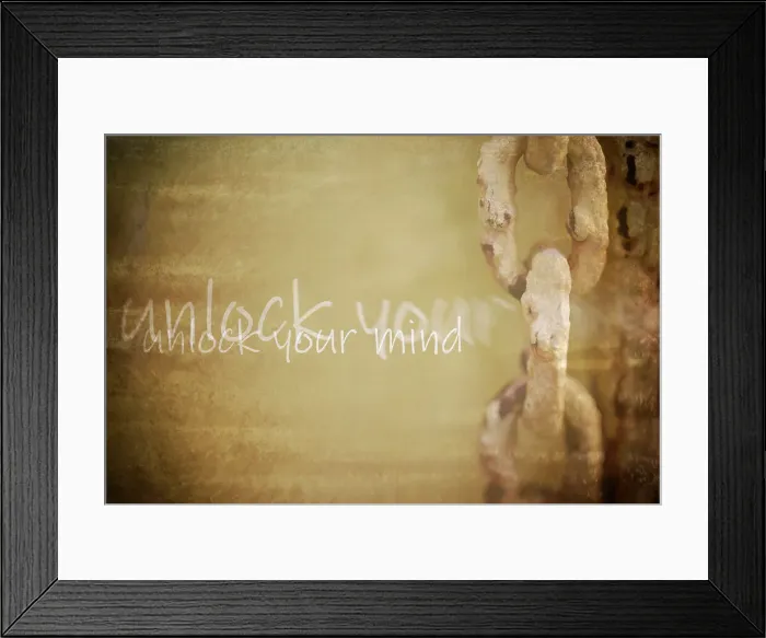 Framed Print : Unlock Your Mind words superimposed over rusted yellow steel beam with chain Framed Print : Unlock Your Mind words superimposed over rusted yellow steel beam with chain