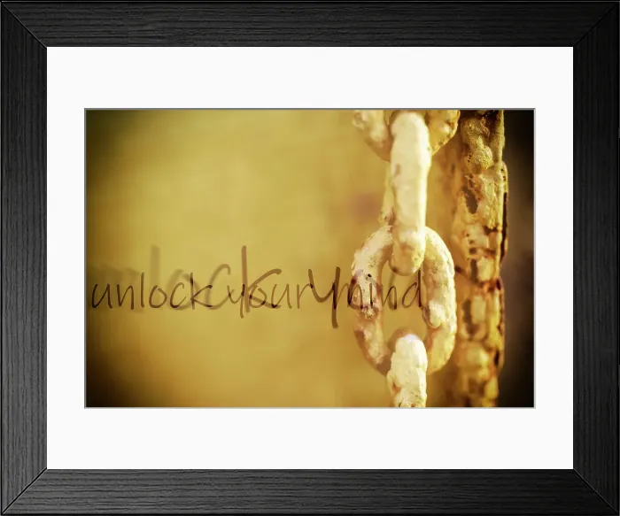 Framed Print : Unlock Your Mind words superimposed over rusted yellow steel beam with chain Framed Print : Unlock Your Mind words superimposed over rusted yellow steel beam with chain