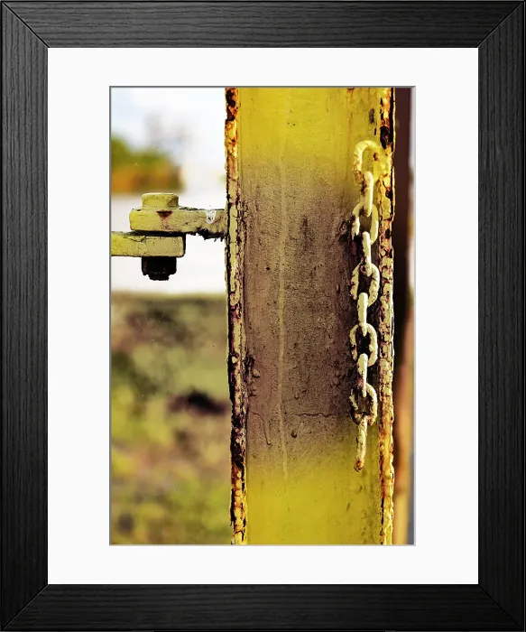 Framed Print : Rusted yellow steel beam with chain