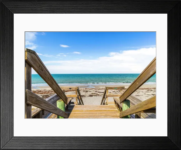 Framed Print : Wooden staircase leading to beach Framed Print : Wooden staircase leading to beach