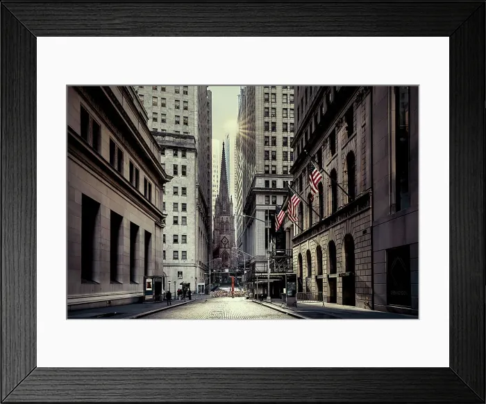 Framed Print : New York City, Lower Manhattan, Wall Street with view of Trinity Church Framed Print : New York City, Lower Manhattan, Wall Street with view of Trinity Church