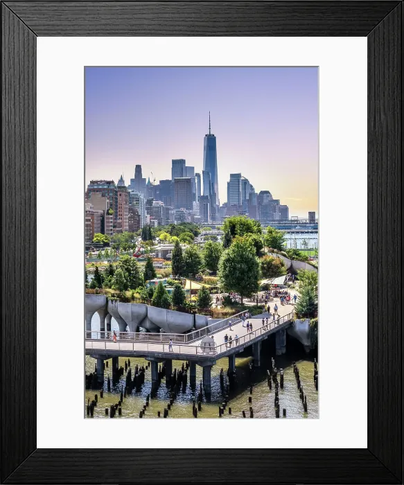 Framed Print : New York City, Manhattan, Little Island with Pilings at Pier 55 and Freedom Tower in the background