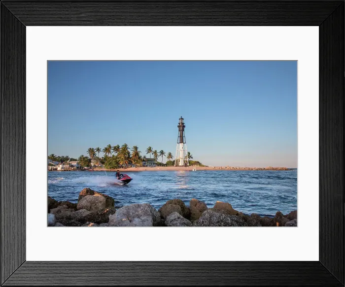 Framed Print : Florida, South Florida, Pompano Beach, view of Hillsboro lighthouse and fishing boat Framed Print : Florida, South Florida, Pompano Beach, view of Hillsboro lighthouse and fishing boat