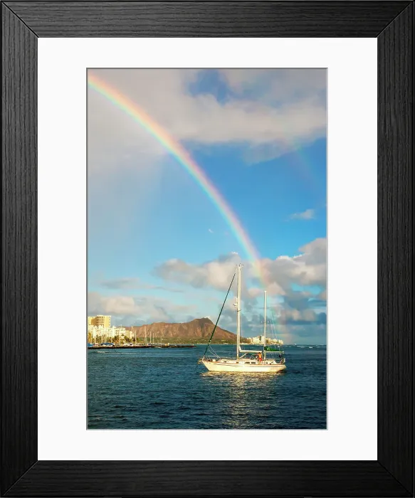 Framed Print : Hawaii, Oahu, Honolulu, View of Diamond Head coastline, rainbow across the sky Framed Print : Hawaii, Oahu, Honolulu, View of Diamond Head coastline, rainbow across the sky
