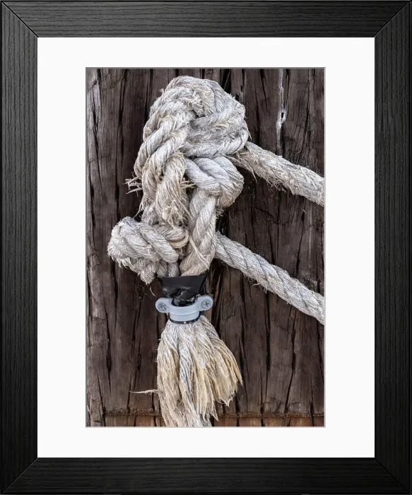 Framed Print : Closeup of nautical rope tied to wooden beam Framed Print : Closeup of nautical rope tied to wooden beam