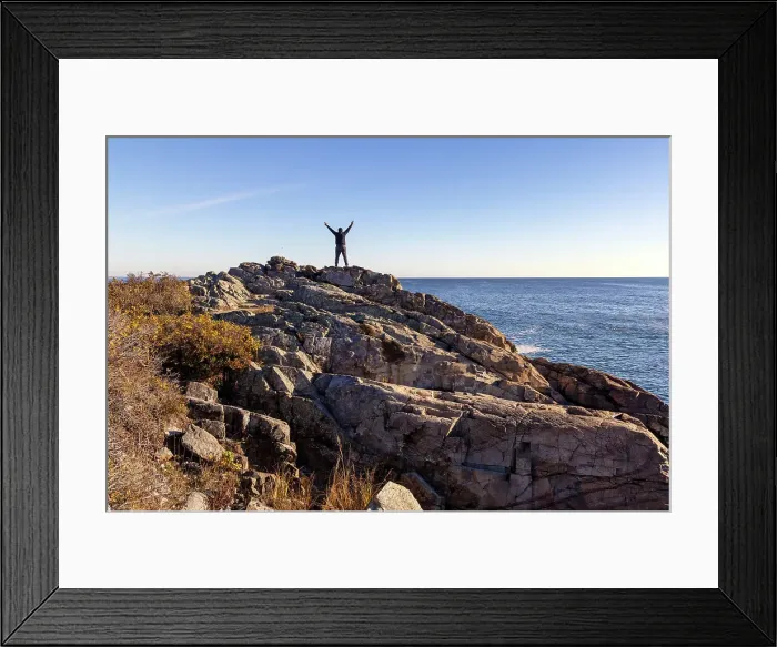 Framed Print : Man Standing on Rocks along Marginal Way Trail Framed Print : Man Standing on Rocks along Marginal Way Trail