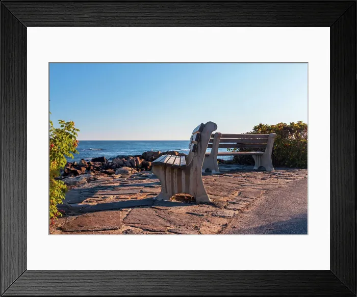 Framed Print : USA, Maine, Ogunquit, benches along Marginal Way Trail Framed Print : USA, Maine, Ogunquit, benches along Marginal Way Trail