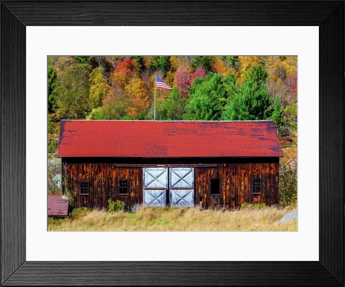 Framed Print : New York, autumn colors with old barn and American flag Framed Print : New York, autumn colors with old barn and American flag