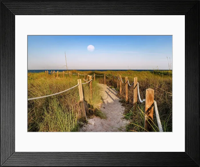 Framed Print : Florida, Delray Beach, pathway leading to beach with moon in sky Framed Print : Florida, Delray Beach, pathway leading to beach with moon in sky