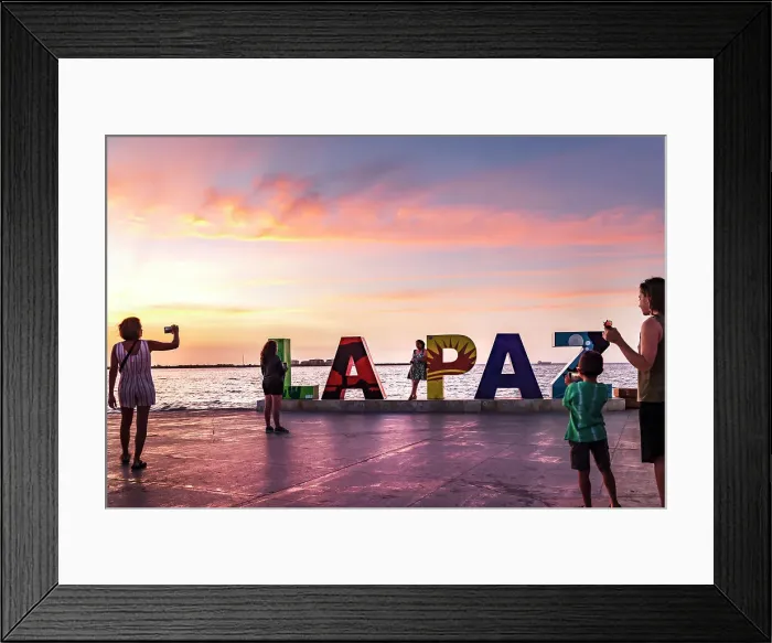 Framed Print : Mexico, La Paz, Malecon, La Paz sign, sunset, waterfront boardwalk