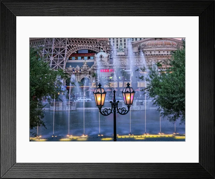 Framed Print : Nevada, Las Vegas, street lamp and water fountain