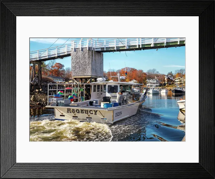 Framed Print : USA, Maine, Ogunquit, Lobster Boat Passing under Perkins Cove Footbridge