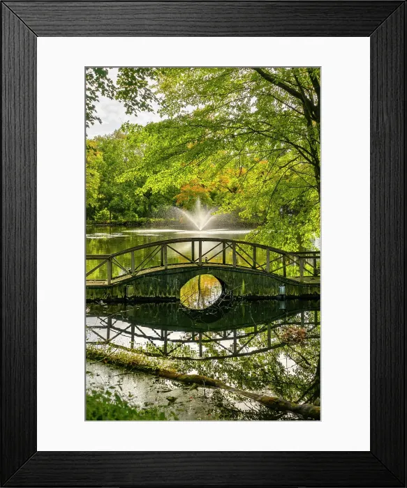Framed Print : New York, Long Island, Roslyn Harbor, Clayton-Cedarmere Estates, home of William Cullen Bryant, footbridge with water fountain in background Framed Print : New York, Long Island, Roslyn Harbor, Clayton-Cedarmere Estates, home of William Cullen Bryant, footbridge with water fountain in background