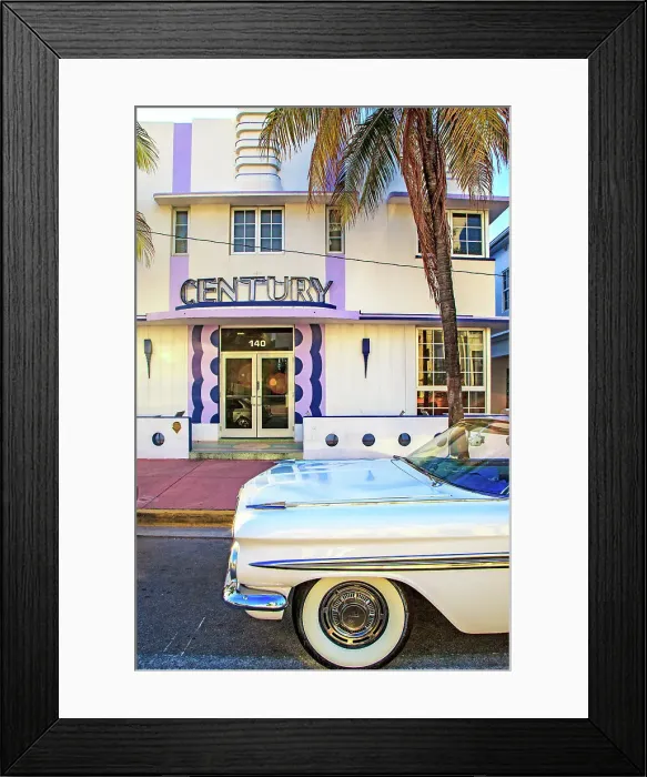 Framed Print : Florida, South Beach, classic car parked in front of the Century Hotel Framed Print : Florida, South Beach, classic car parked in front of the Century Hotel