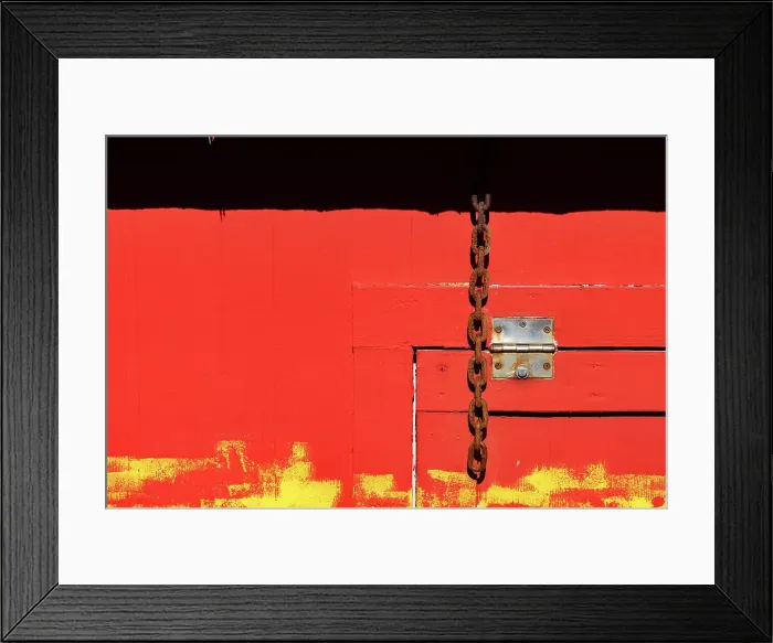 Framed Print : Red wooden structure with door hinge and chain Framed Print : Red wooden structure with door hinge and chain