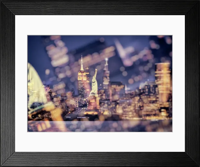 Framed Print : New York, New York City, Skyline with Statue of Liberty, night Framed Print : New York, New York City, Skyline with Statue of Liberty, night
