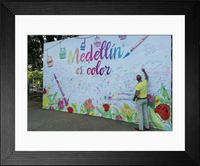Framed Print : Colombia, Medellin, Flower Festival, Open Giant Board for Visitors