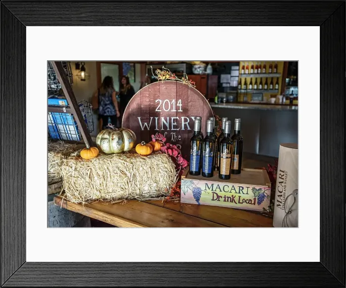 Framed Print : New York, Long Island, Macari Vineyards and Winery, store display Framed Print : New York, Long Island, Macari Vineyards and Winery, store display
