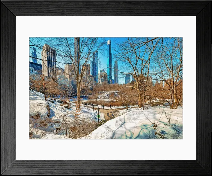 Framed Print : USA, New York City, Manhattan Central Park, Gapstow bridge in winter with snow, skyscrapers Framed Print : USA, New York City, Manhattan Central Park, Gapstow bridge in winter with snow, skyscrapers