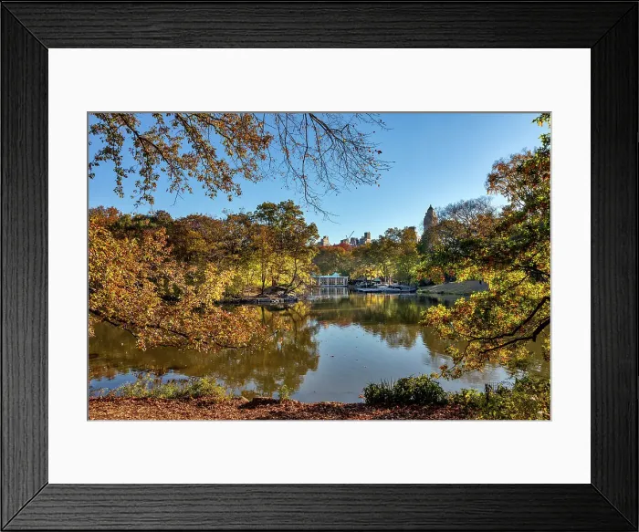 Framed Print : NY, NYC, Central Park, lake with Loeb Boathouse in background Framed Print : NY, NYC, Central Park, lake with Loeb Boathouse in background
