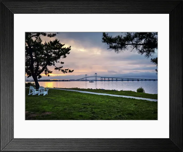 Framed Print : Rhode Island, Newport, adirondack chairs facing Claiborne Pell Bridge over Narragansett Bay Framed Print : Rhode Island, Newport, adirondack chairs facing Claiborne Pell Bridge over Narragansett Bay