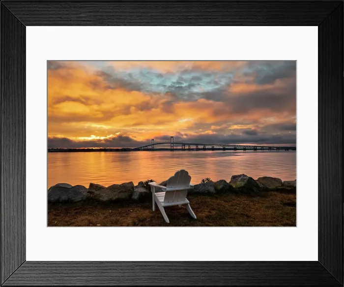 Framed Print : Rhode Island, Newport, adirondack chair facing Claiborne Pell Bridge over Narragansett Bay