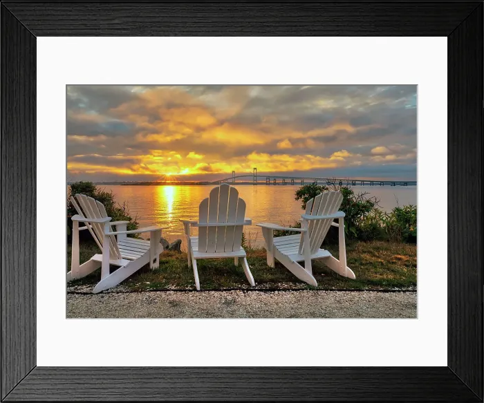 Framed Print : Rhode Island, Newport, adirondack chairs facing Claiborne Pell Bridge over Narragansett Bay