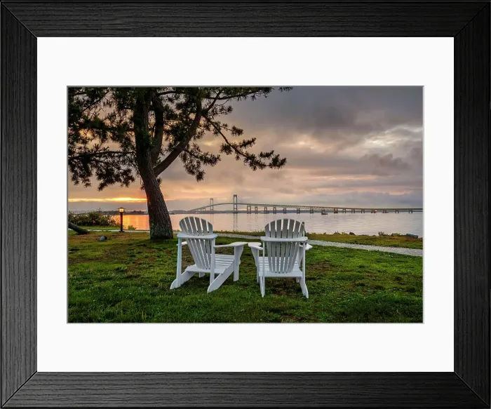 Framed Print : Rhode Island, Newport, adirondack chairs facing Claiborne Pell Bridge over Narragansett Bay