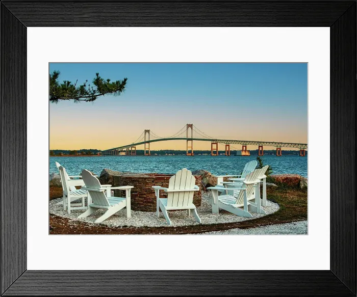 Framed Print : Rhode Island, Newport, view of adirondack chairs with Claiborne Pell Bridge Framed Print : Rhode Island, Newport, view of adirondack chairs with Claiborne Pell Bridge