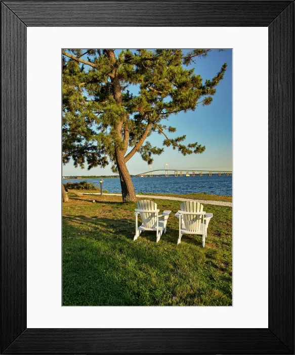 Framed Print : Rhode Island, Newport, view of adirondack chairs with Claiborne Pell Bridge Framed Print : Rhode Island, Newport, view of adirondack chairs with Claiborne Pell Bridge