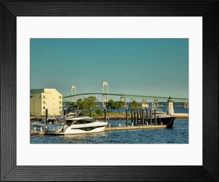 Framed Print : Rhode Island, Newport, View of Gurney's Newport Resort & Marina with Claiborne Pell Bridge